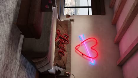 Valentinstagbett,-Neon-Herzbeschilderung,-Liebe,-Hotelzimmer,-Romantisch,-3D-Rendering,-Vertikal