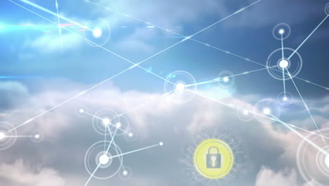 animación de la red de conexiones con candado de seguridad en línea sobre nubes y cielo