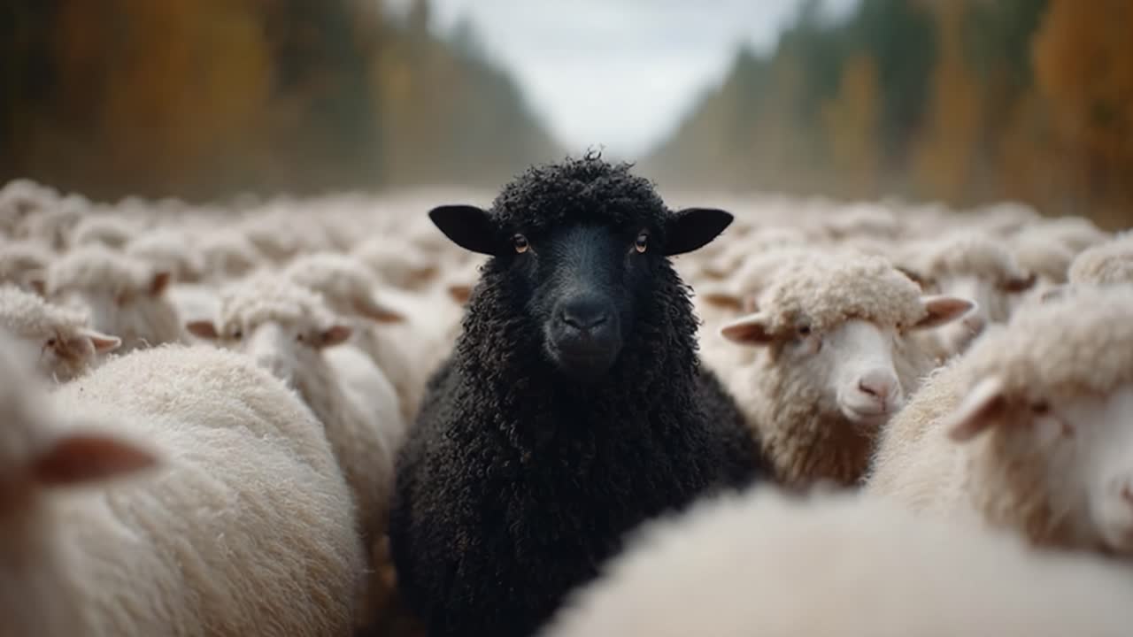 A striking black sheep stands out proudly among a sea of white sheep in a serene pastoral setting, highlighting individuality and contrast in the animal kingdom