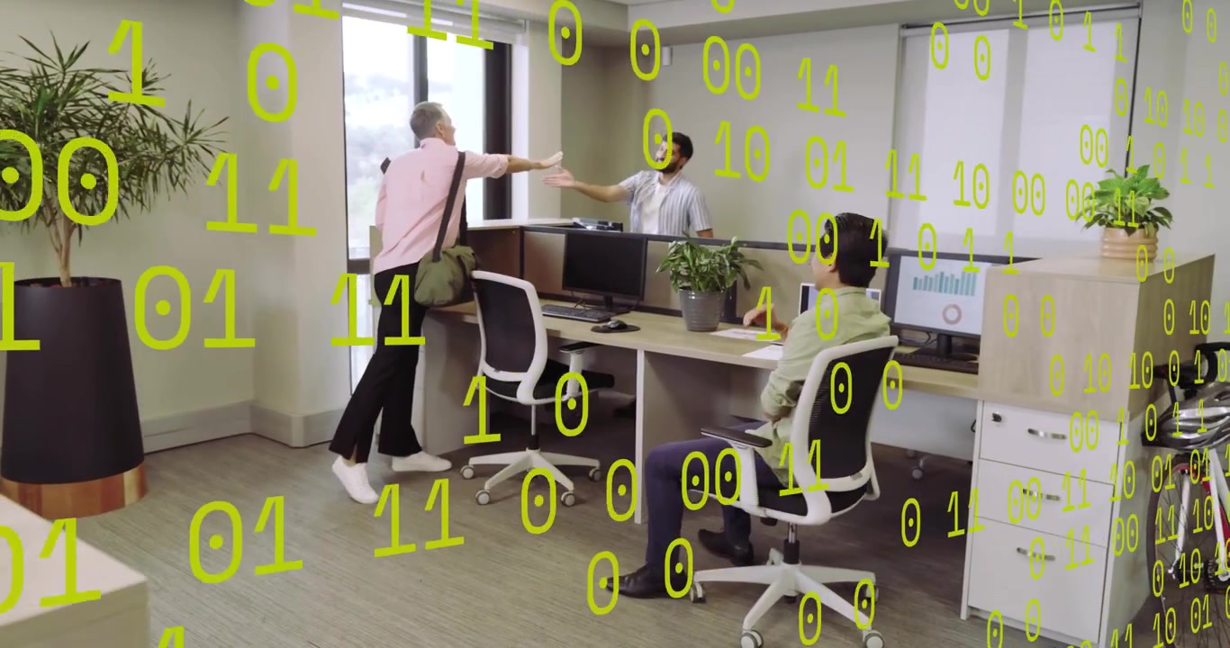 Man with duffel entering tech office handing item to team, binary scrolling over people and charts