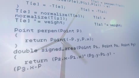 animation of data processing over wind turbine and sky with sun