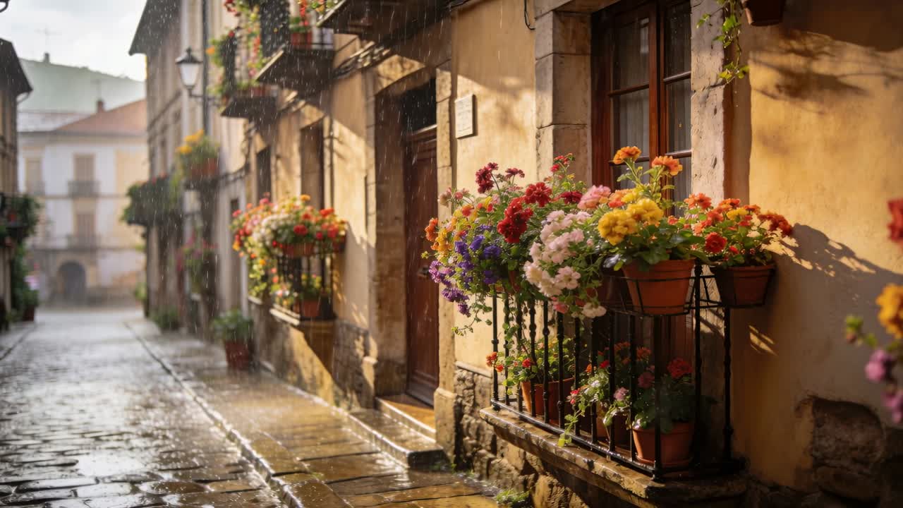 Cámara que avanza revelando flores en macetas en una barandilla de hierro en un estrecho callejón histórico, mostrando pétalos mojados.