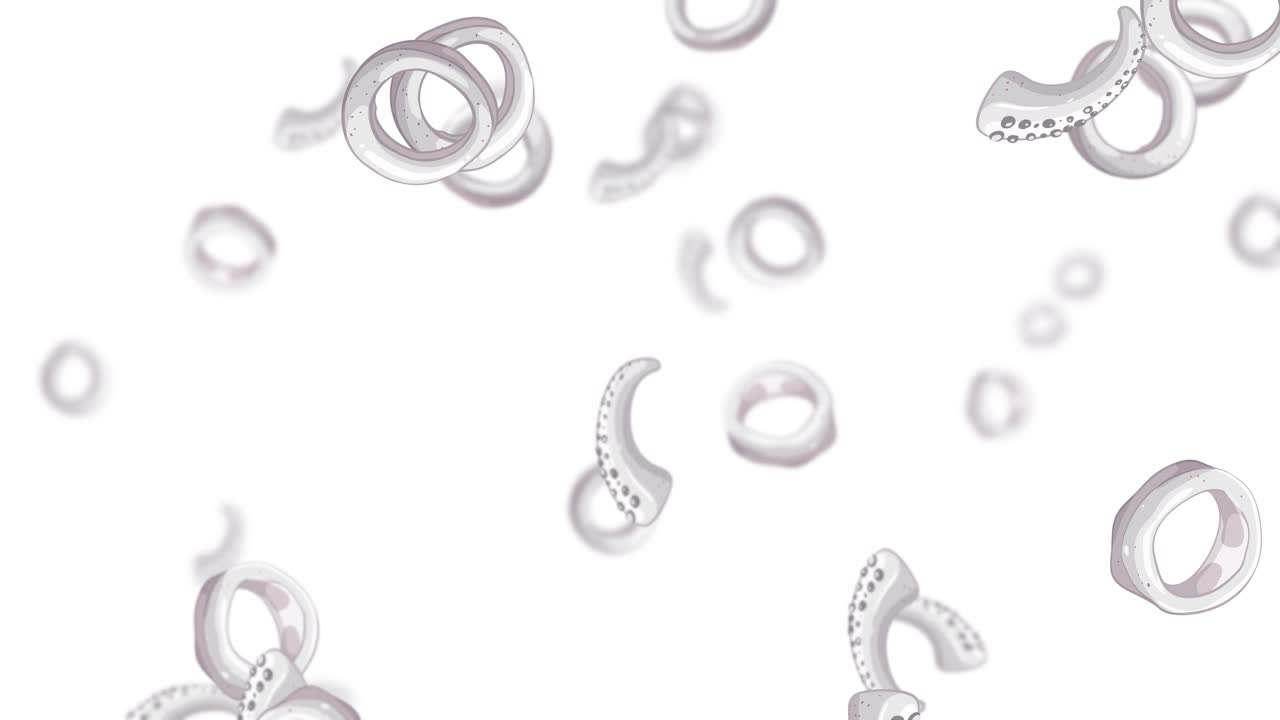 Looping 3D animation of translucent octopus tentacle rings raining downward on clean white background