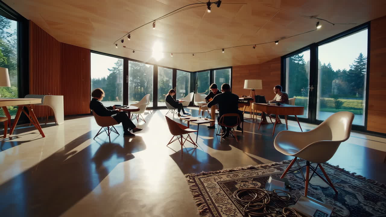 Modern Music Room with People Playing Instruments