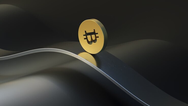 Un'animazione di rendering 3D in loop di una moneta Bitcoin dorata che scivola.