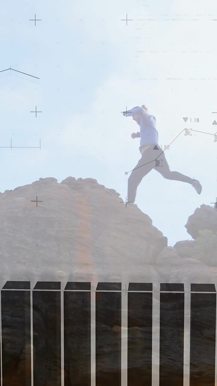Vertical video: Hiker planting foot, launching to cross gap, HUD markers tracking for outdoor