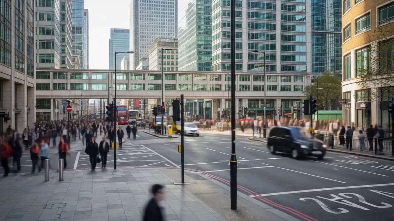 A Bustling Urban Scene Captured in Two Frames: The Dynamic Rhythm of City Life with Crowds Navigating Busy Streets and Modern Architecture