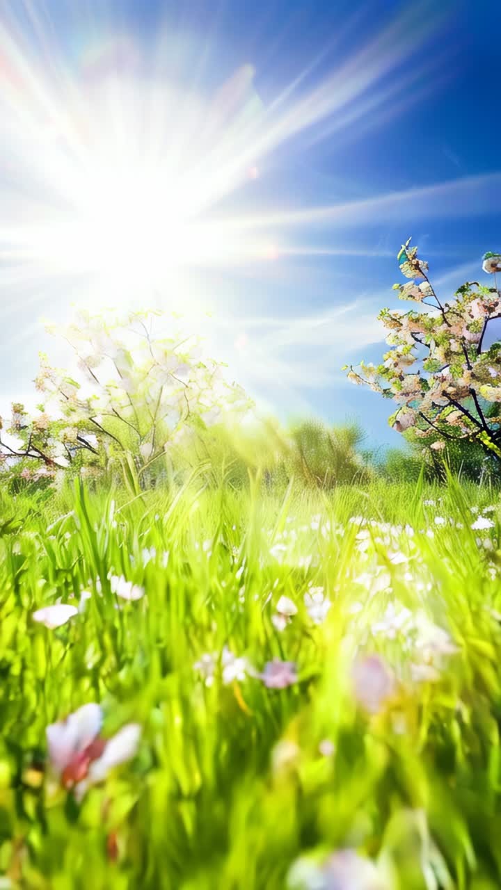 Grass meadow with a lot of snowdrops, golden hour, light from behind, pink small flower
