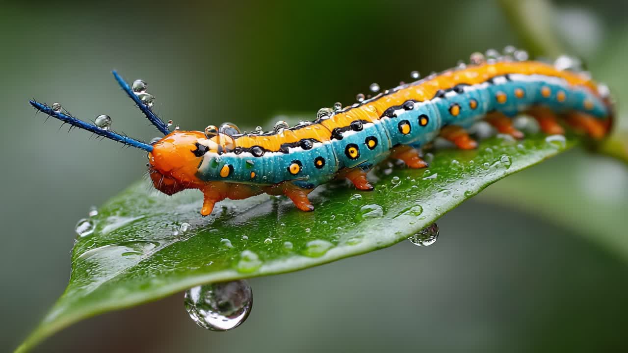 A Vibrantly Colored Caterpillar Clings to a Leaf, Adorned with Water Droplets, Showcasing Nature's Artistry and Intricacies in Macro Photography