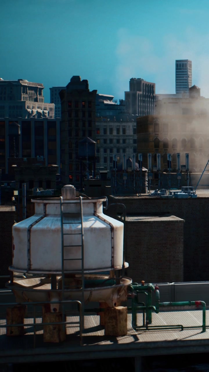Water tower on a rooftop in a city skyline during daylight hours