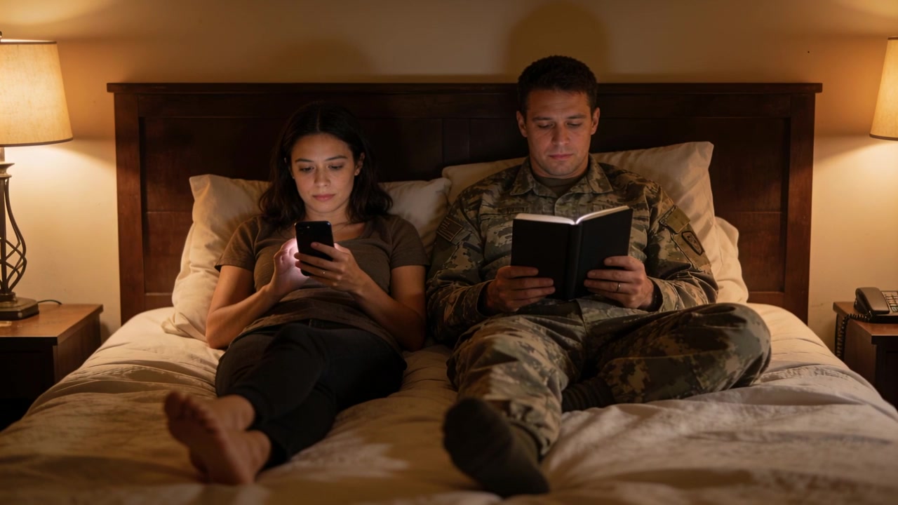 Lampade accese, donna che scorre e tocca il telefono mentre un uomo in uniforme legge un libro sul letto, rilassandosi.