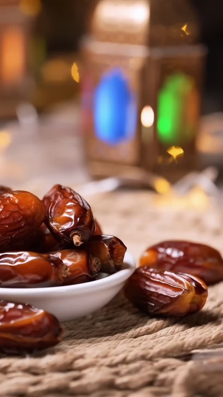 Close-up video of dates in a bowl, with a warm, festive ambiance and soft lighting