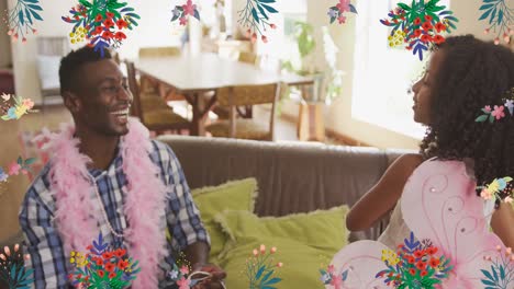 Animation-of-flowers-over-happy-african-american-father-and-daughter-playing-at-home