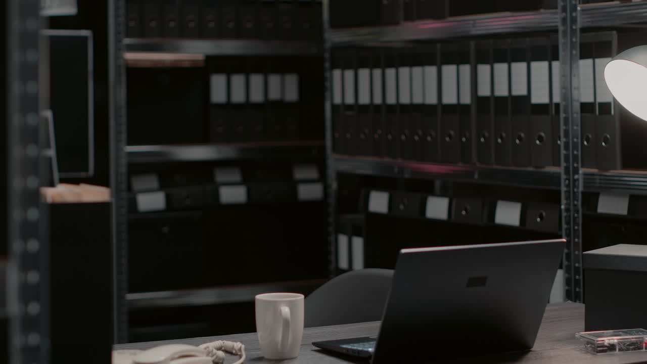 Detective working in office with laptop and evidence