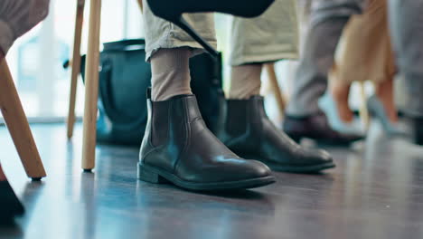 business people, feet and job interview waiting