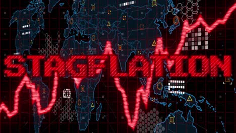 animation of stagflation text in red over graph and world map processing data