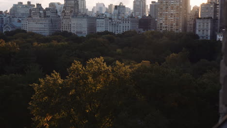 new york city panoramic cityscape view at sunrise above central park manhattan, urban modern architecture towers and buildings across park, panning view