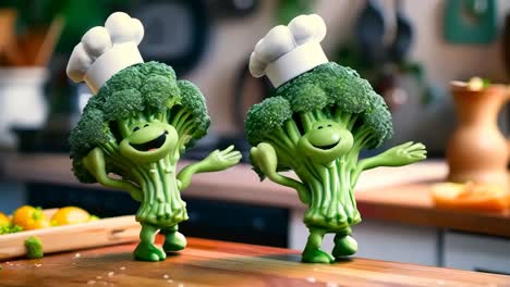 a couple of broccoli figurines that are standing on a cutting board