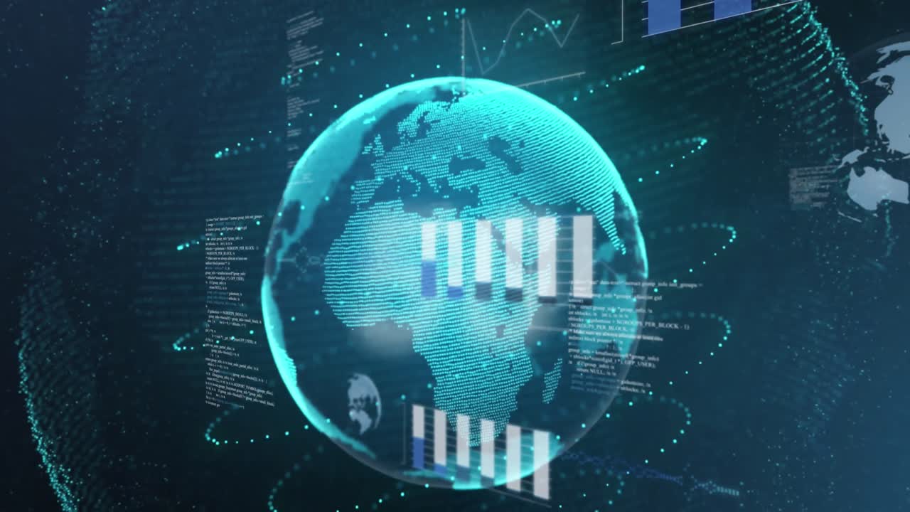 Animation of statistical data processing and 5g text banner over spinning globe on blue background