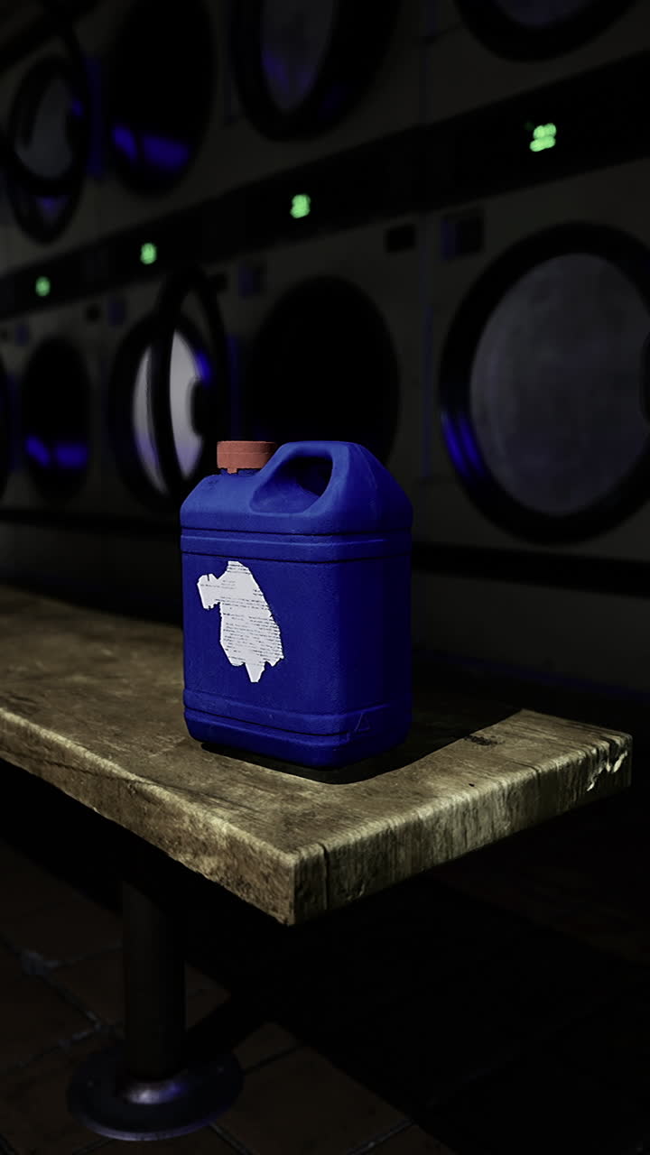 Blue detergent bottle placed on wooden table in dark laundromat