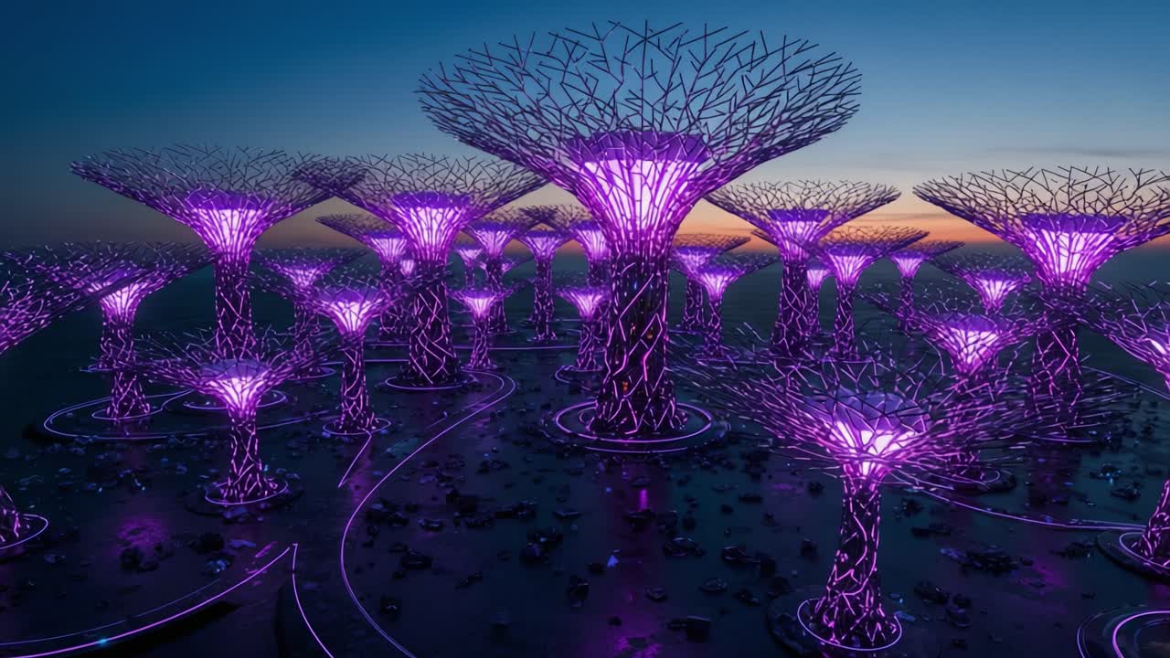 A Captivating Evening at an Innovative Garden Landscape Featuring Bioluminescent Trees that Illuminate the Twilight Sky with a Vibrant Display of Colorful Light