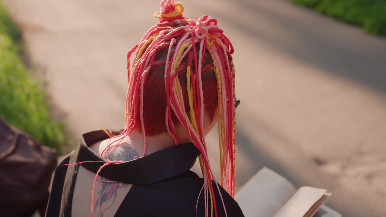 야외 독서를 즐기는 분홍색 머리의 사람, 야외에서 책을 읽으며 휴식을 취하는 생동감 넘치는 분홍색 땋은 머리의 사람, 도시의 푸르름 속에서 책에 몰두한 다채로운 땋은 머리의 통근자의 조용한 풍경