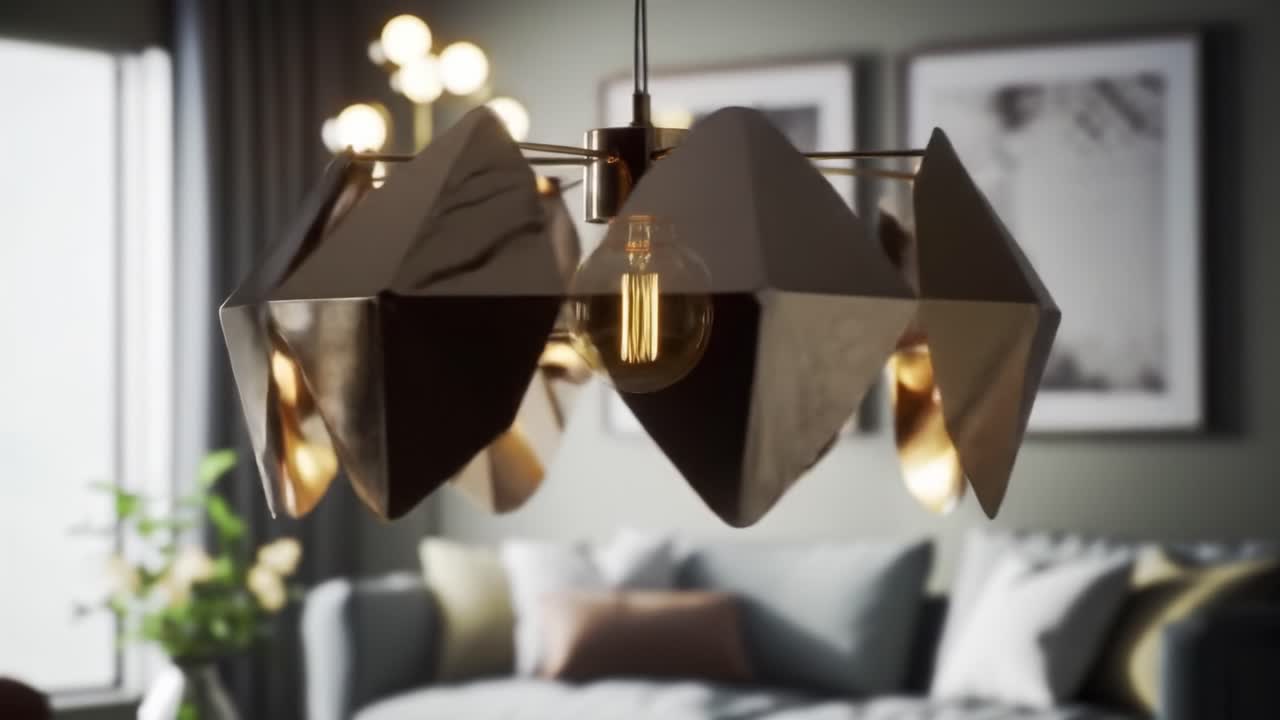 Stunning Modern Pendant Lamp with Geometric Design Illuminating a Cozy Living Room with Elegant Sofa and Artistic Decor Under Soft Lighting