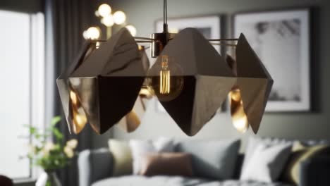 stunning modern pendant lamp with geometric design illuminating a cozy living room with elegant sofa and artistic decor under soft lighting