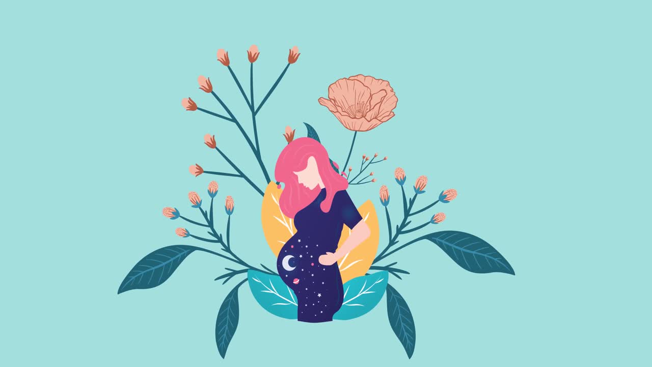 배 에 달 이 있고 파란색 배경 에 분홍색 꽃 이 피는 식물 이 있는 임산부 의 그림 의 애니메이션