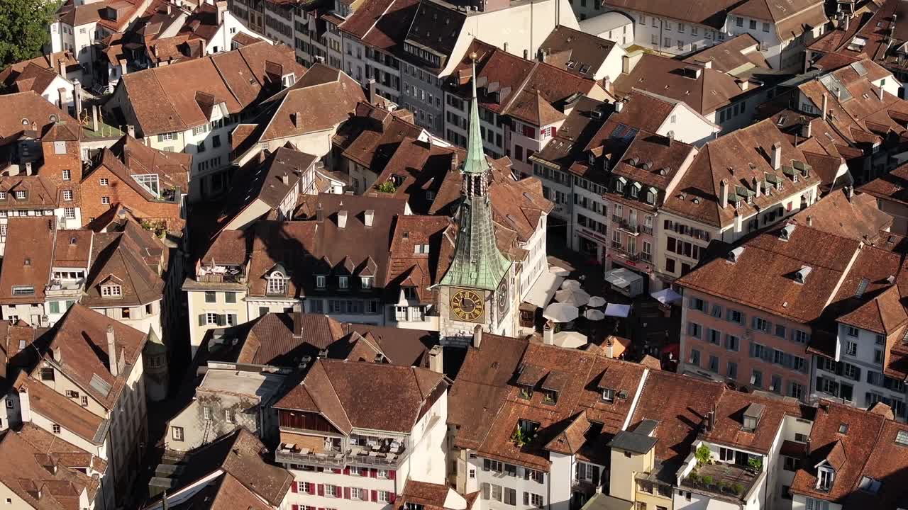 Olten old town aerial view with its iconic clock tower, historic rooftops and charming streets in Canton Solothurn, Switzerland