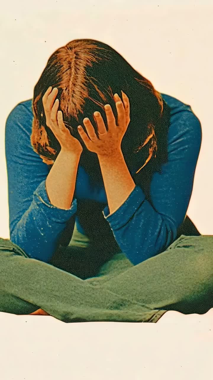 A woman sitting cross-legged, covering her face with her hands