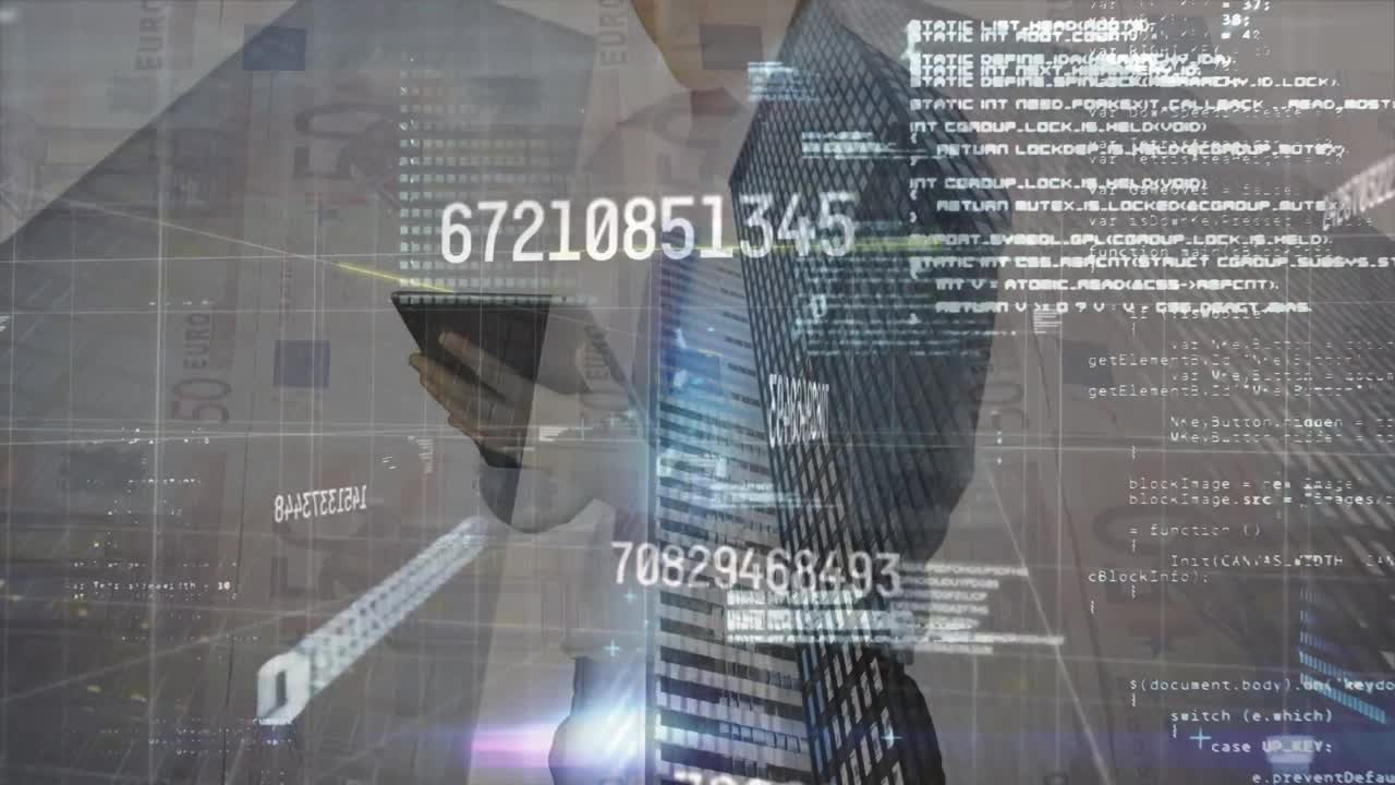 태블릿을 사용하는 백인 남성에 대한 데이터 처리 애니메이션