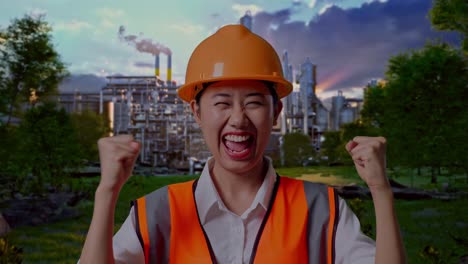 close up of asian female engineer with safety helmet screaming goal celebrating working in front of oil refinery