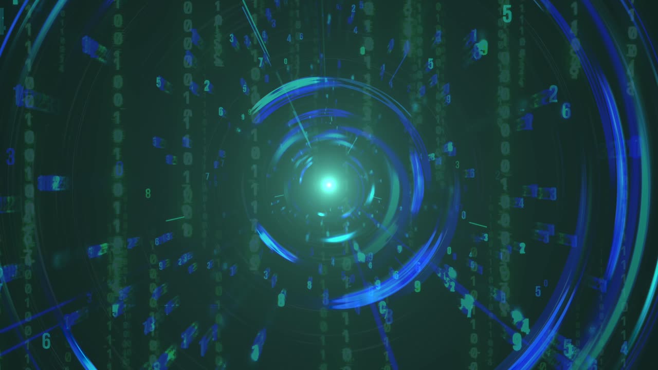 Abstract vortex of blue light, numbers, and binary code, representing AI technology