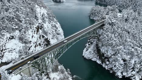 vista aérea de los coches que viajan por el puente del paso del engaño en el invierno con nieve cubriendo el suelo