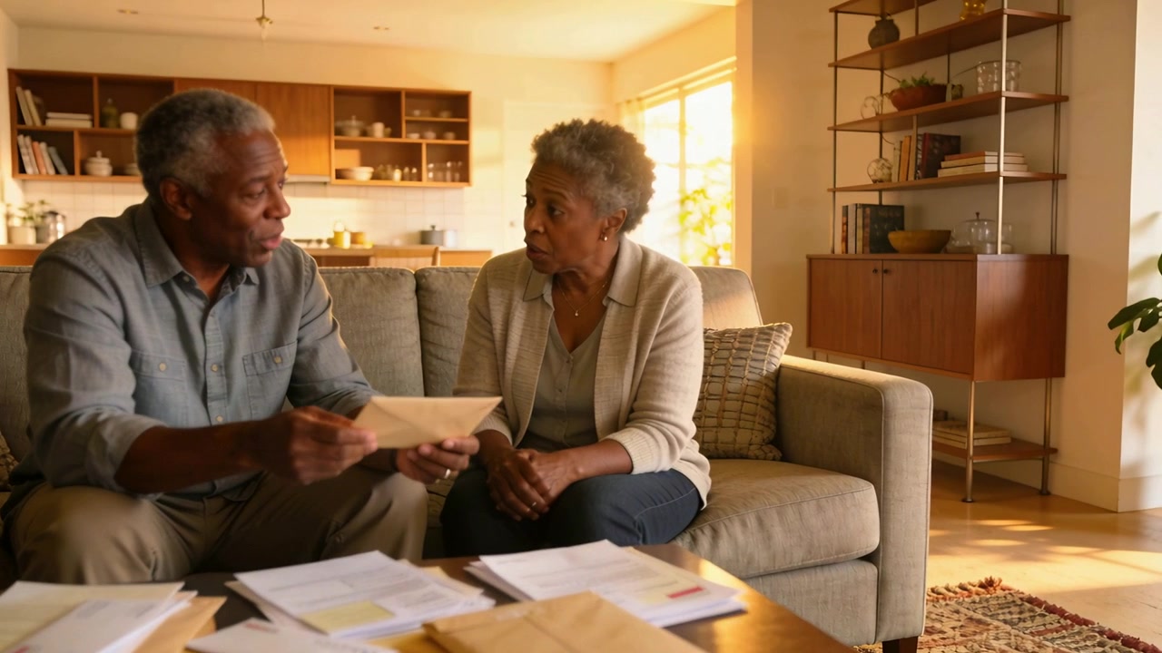 Showing man wearing button shirt holding envelope and partner discussing mail on couch at home