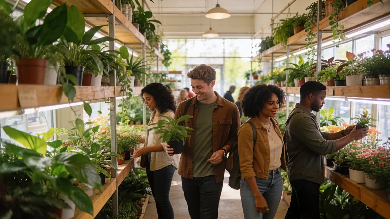 Central man picking up potted plant, comparing with plants on shelves for purchase in plant nursery