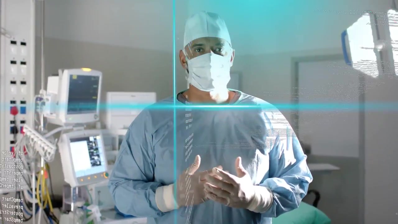 Video vertical: Superposición apareciendo, médico con uniforme quirúrgico reaccionando con pequeños gestos de mano en el quirófano