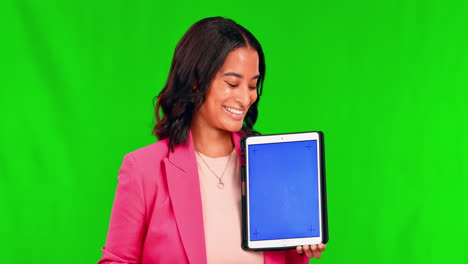 mujer de negocios, cara y tableta con pantalla verde