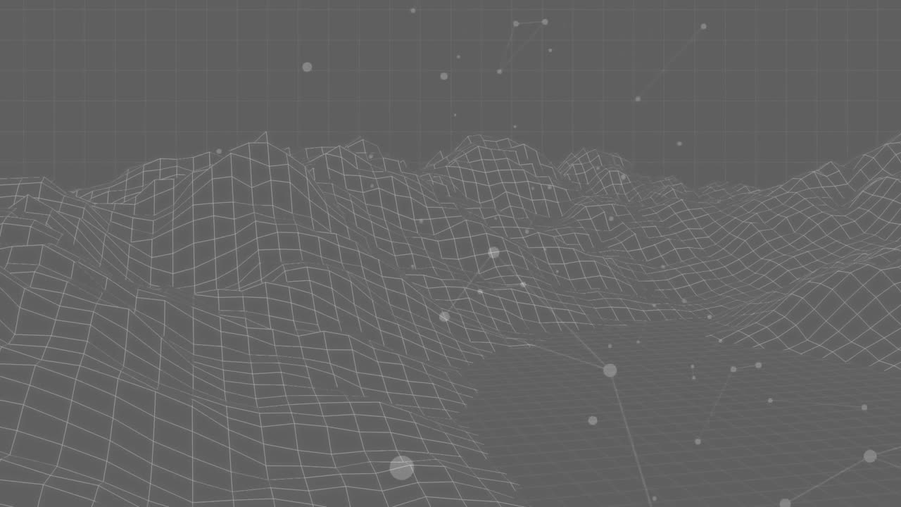 Wireframe landscape with grid and floating particles animation