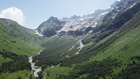 aerial view of a mountain valley with glaciers and waterfalls