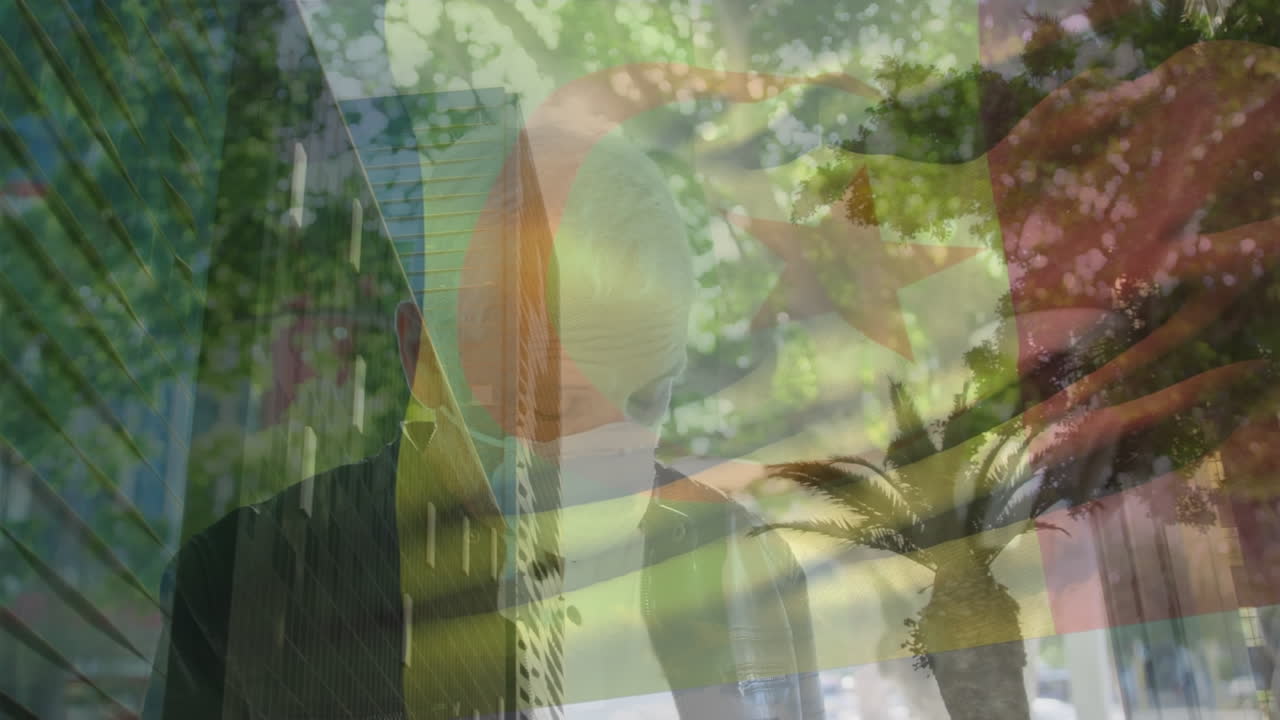 animación de la bandera de argelia sobre un hombre caucásico de edad avanzada con máscara facial