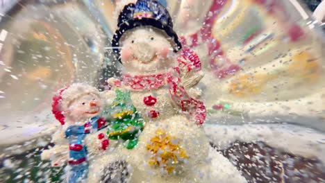 A festive snow globe featuring a snowman and a small figure