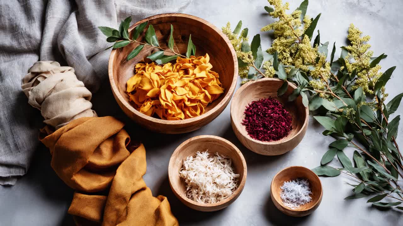 Farverige, tørrede blomster og naturlige ingredienser i træskåle omgivet af bløde tekstiler og grønne planter til kunstnerisk eller kulinarisk brug