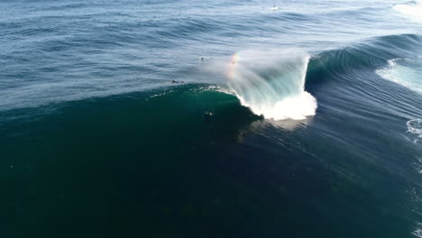 surfer group floats calmly near point break as rolling waves form in golden hour water, aerial wide view