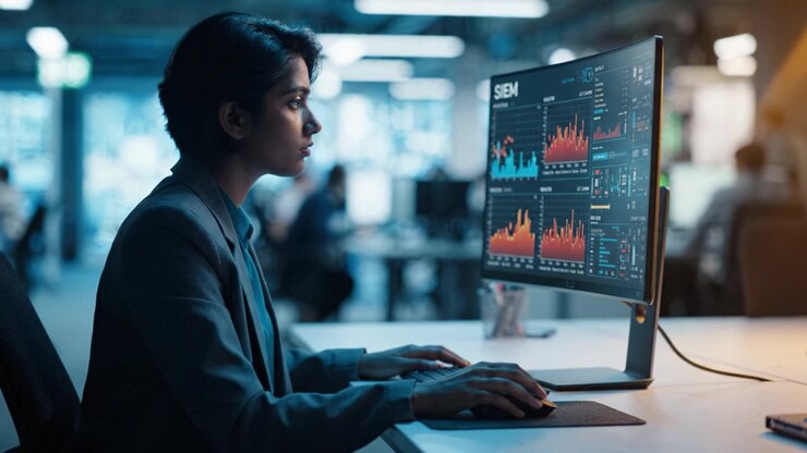 Fokusert analytiker analyserer data på en dataskjerm i et moderne kontormiljø, med visualiseringsgrafer og dashbordmålinger vist