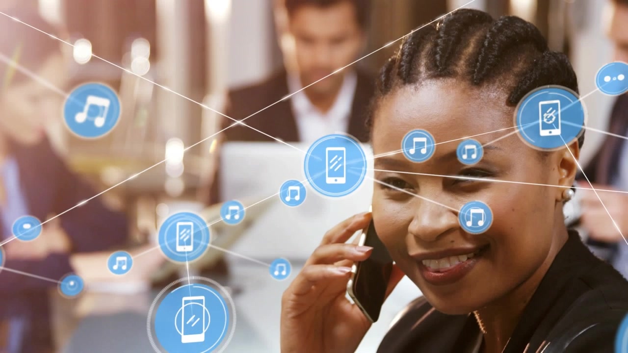 Animation of network of connections over businesswoman using smartphone
