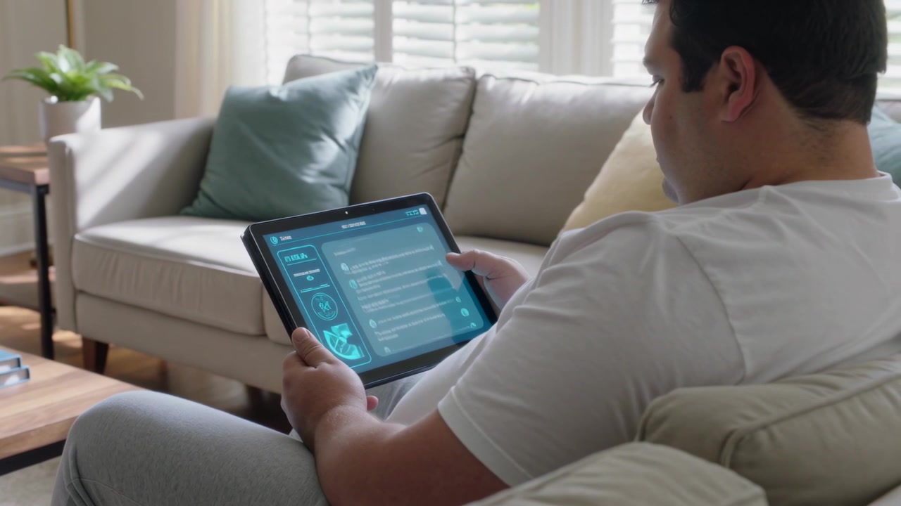 Holding tablet, man scrolling blue app sofa to browse content, white Tshirt gray pants, copy space