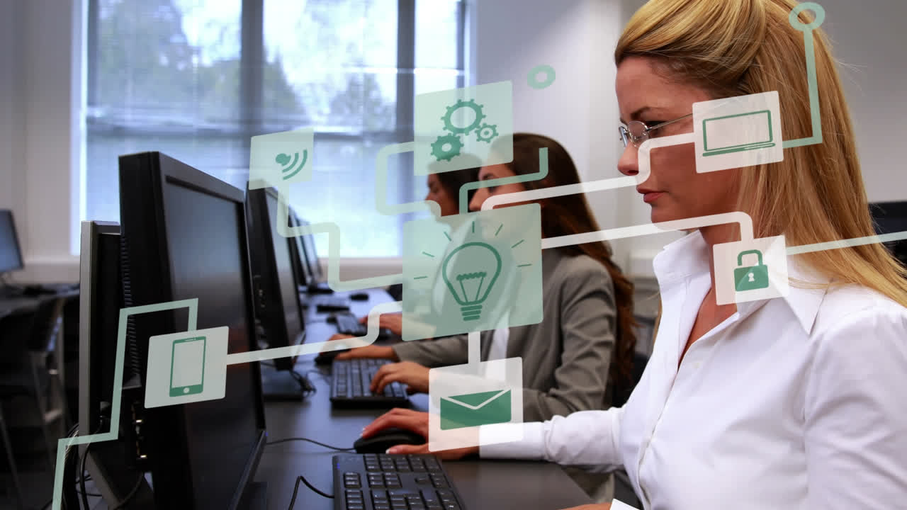 animación de la red de conexiones con iconos sobre personas de negocios que usan auriculares de teléfono