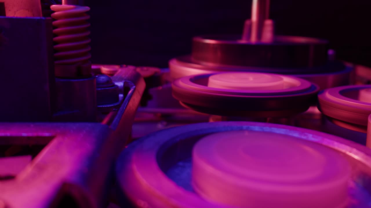 vista de cerca de la maquinaria antigua con una iluminación púrpura vibrante